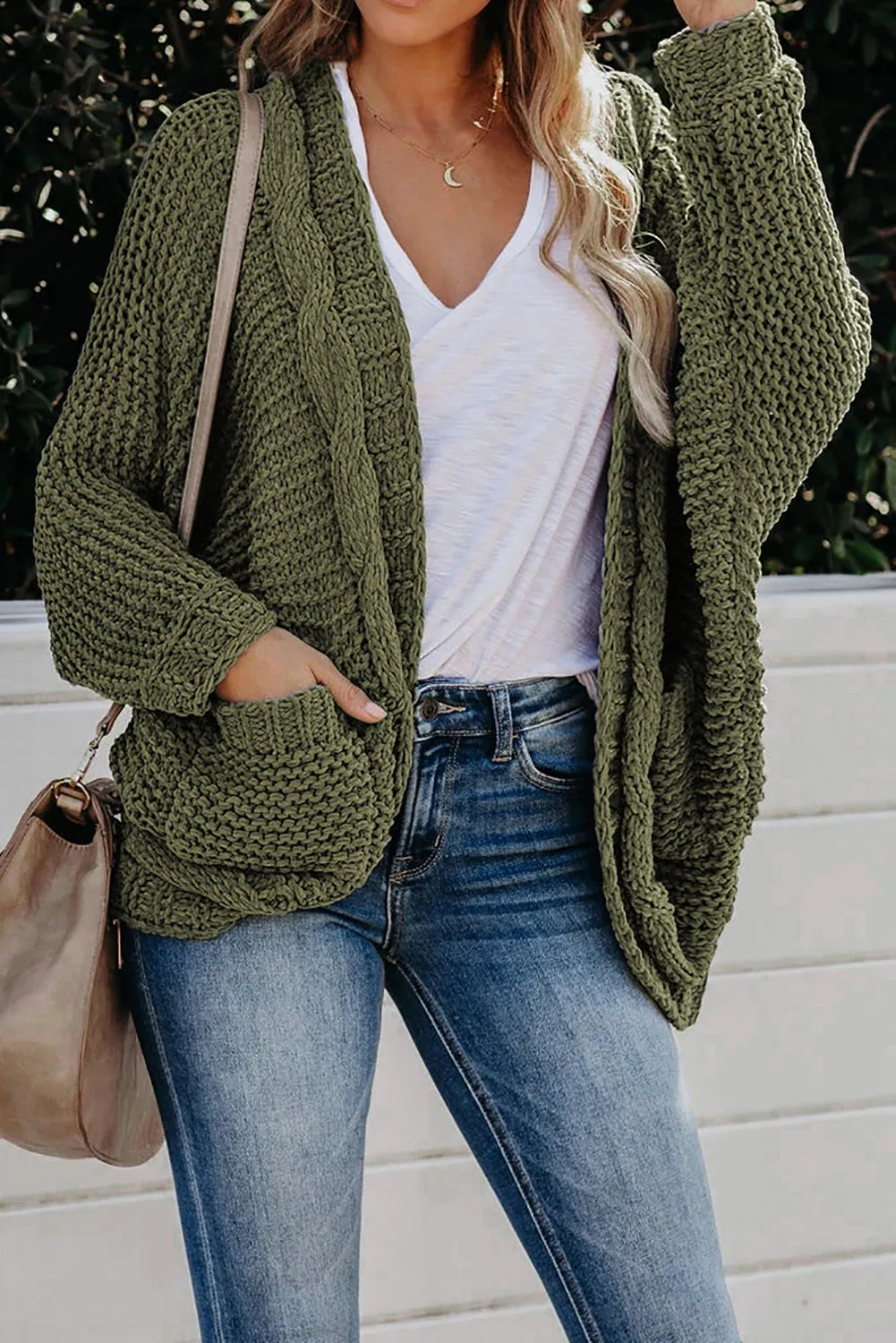 Green Chunky Knit Pocketed Cardigan