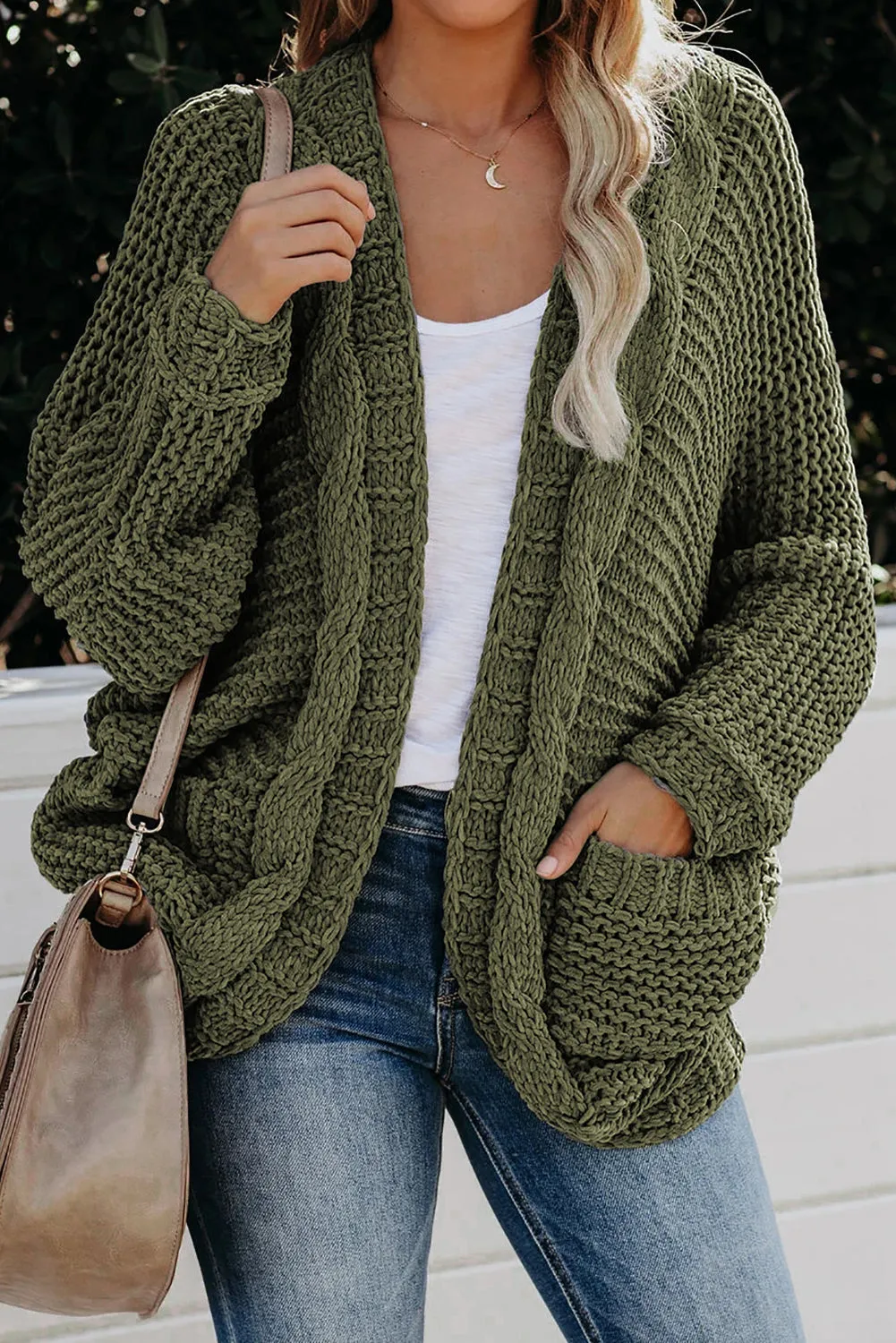 Green Chunky Knit Pocketed Cardigan