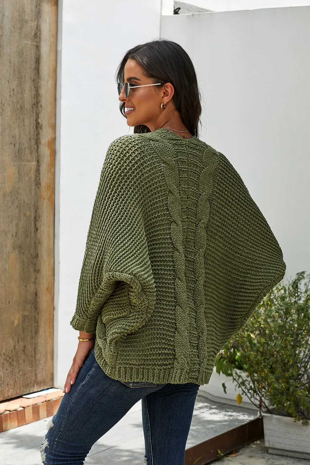 Green Chunky Knit Pocketed Cardigan
