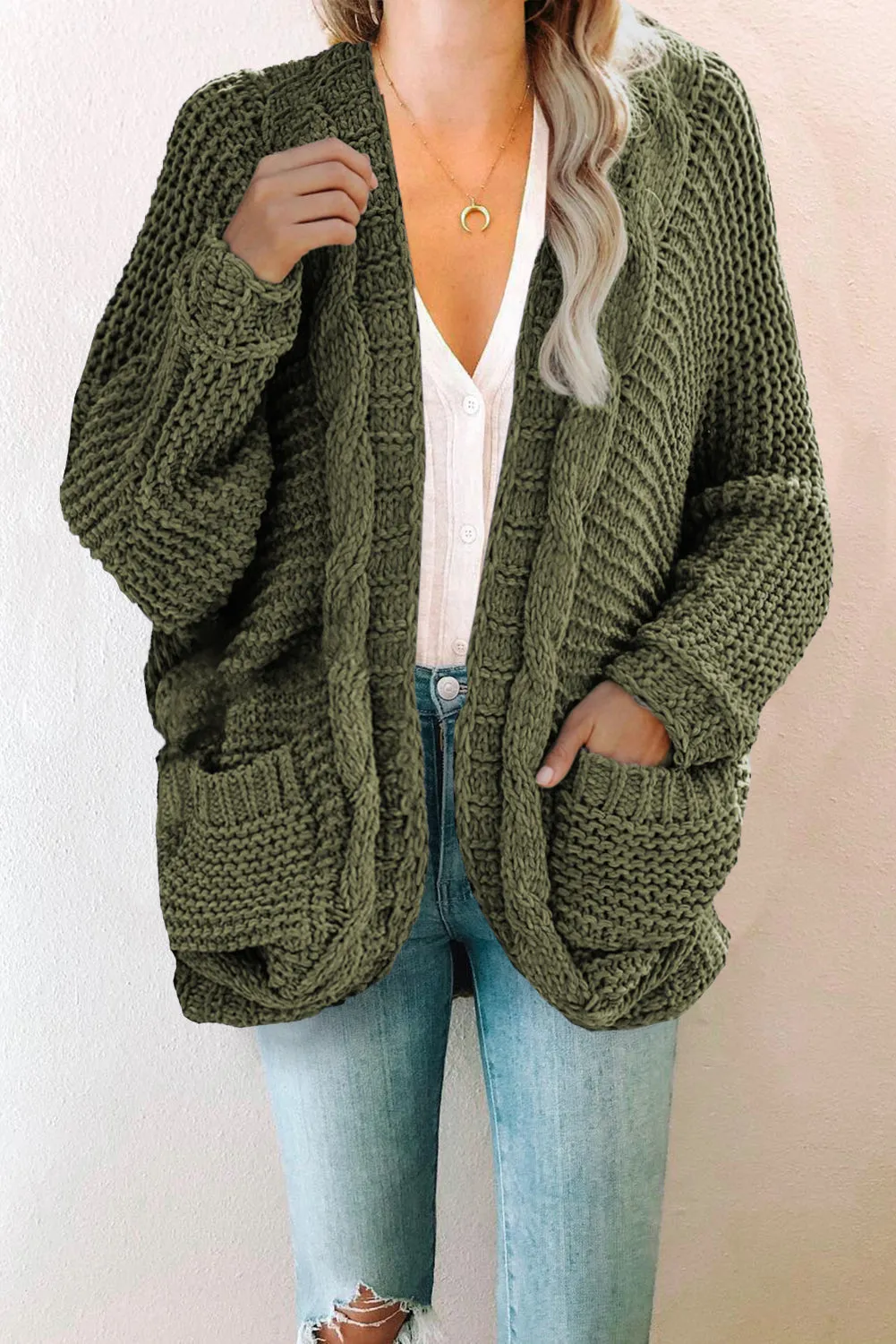 Green Chunky Knit Pocketed Cardigan