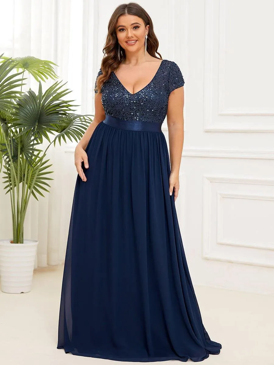 Greta | Plus Size Empire Waist V-Neck Cap Sleeve Chiffon Formal Evening Dress