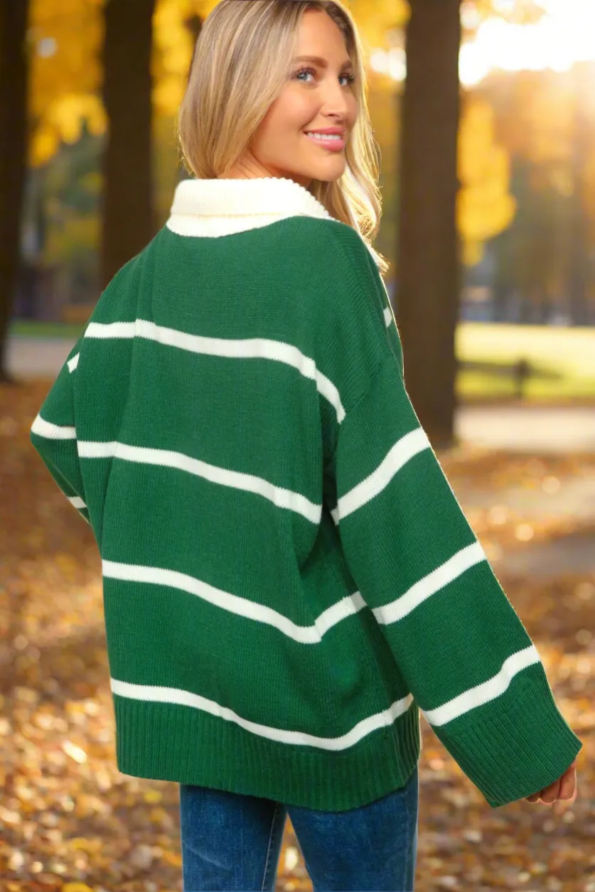 Haptics Fall For You Hunter Green Stripe Notched Neck Collared Oversized Sweater