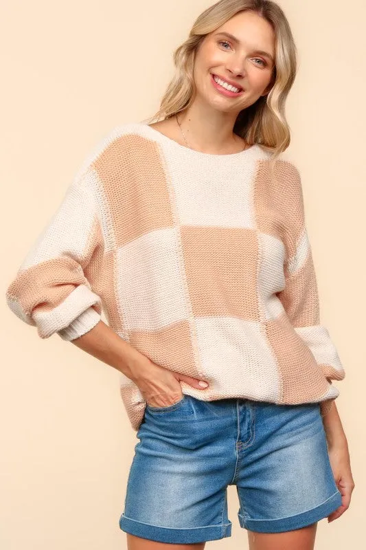 Hazel Blues® |  Haptics Checkered Round Neck Drop Shoulder Sweater