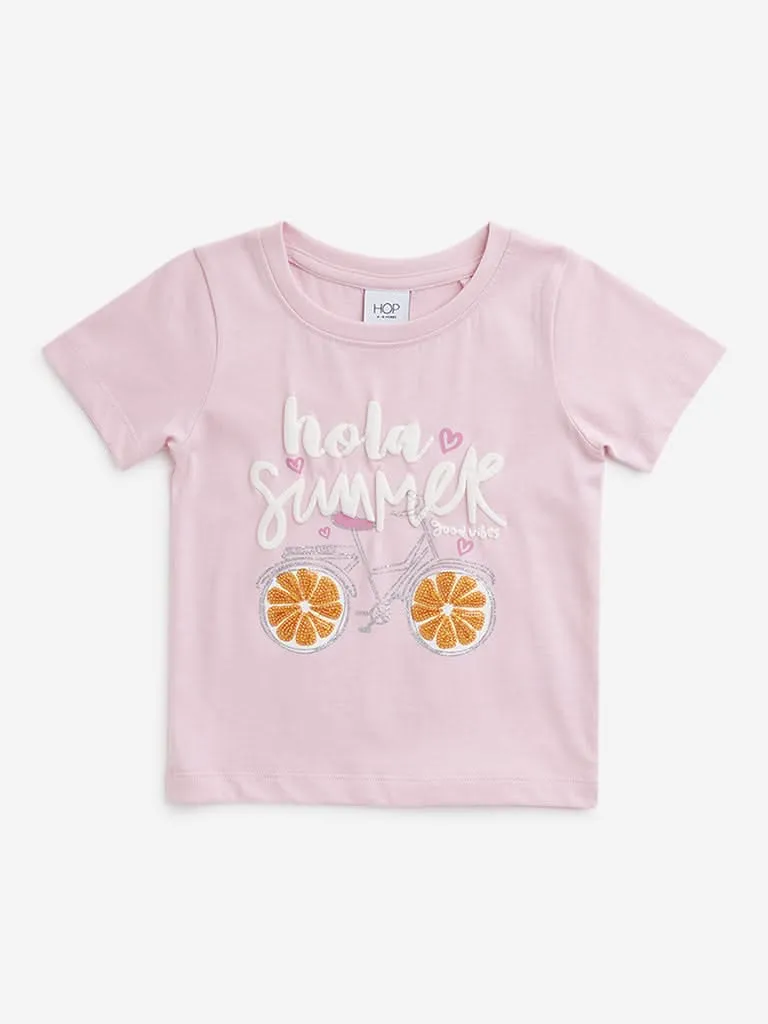 HOP Kids Pink Text Printed T-Shirt