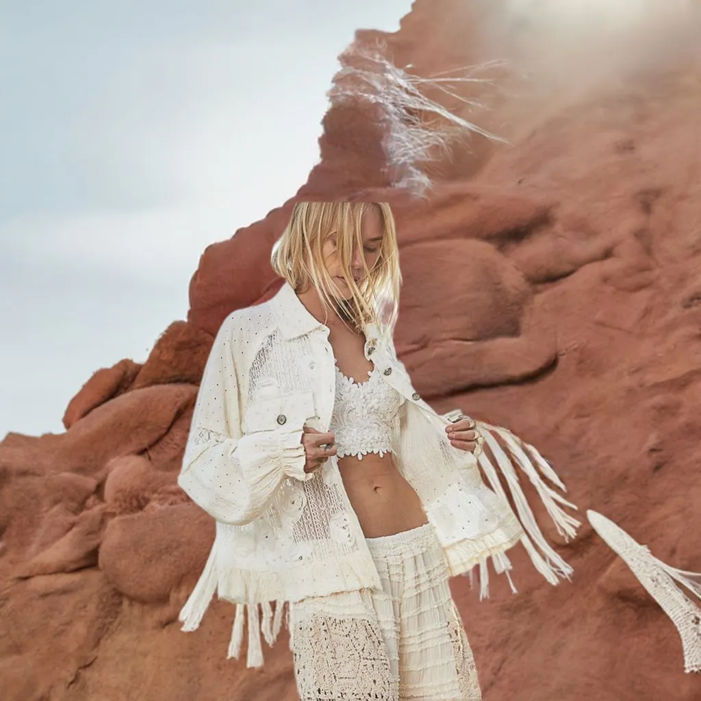 Ivory flowers eyelet lace raw hem jacket