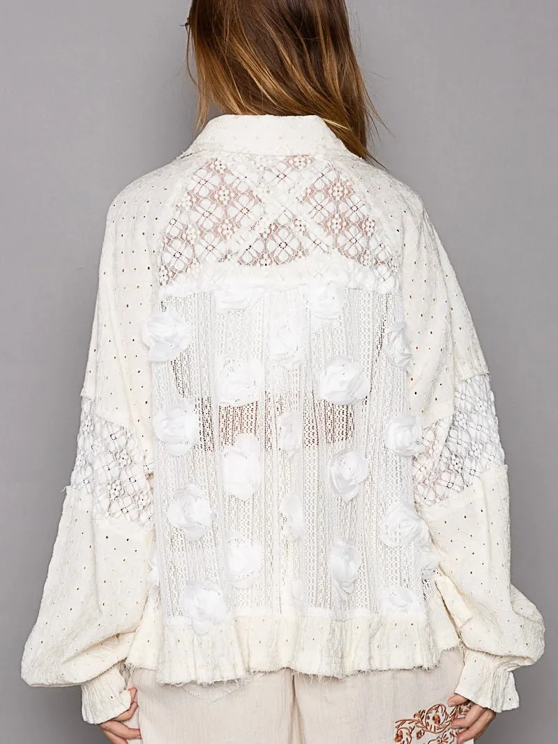 Ivory flowers eyelet lace raw hem jacket