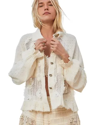 Ivory flowers eyelet lace raw hem jacket