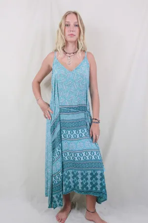 Jamie Dress - Indian Sari Slip - Beach Blue Ferns - Size M/L