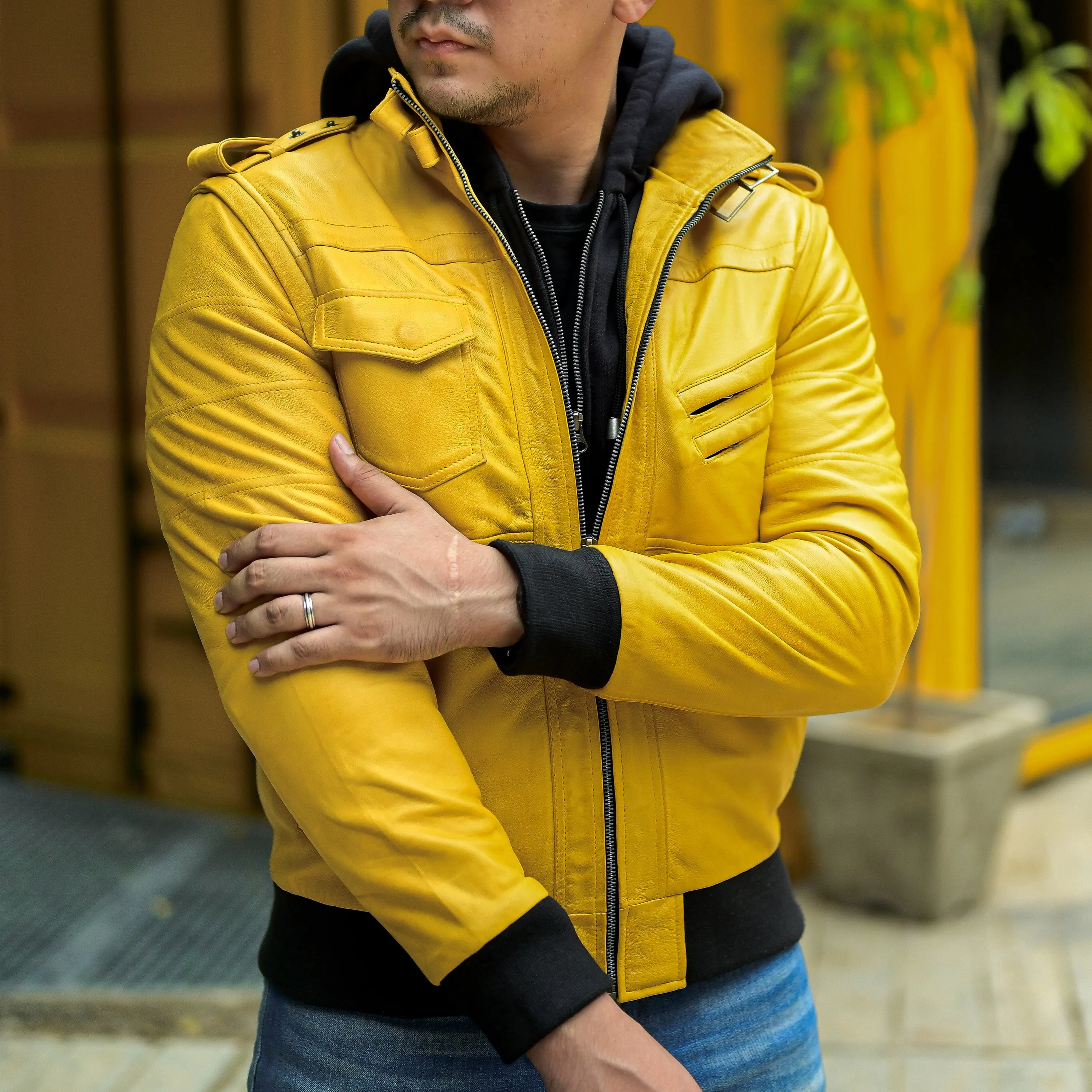 Jild Hooded Leather Bomber Jacket with Removable Hood & Sleeves