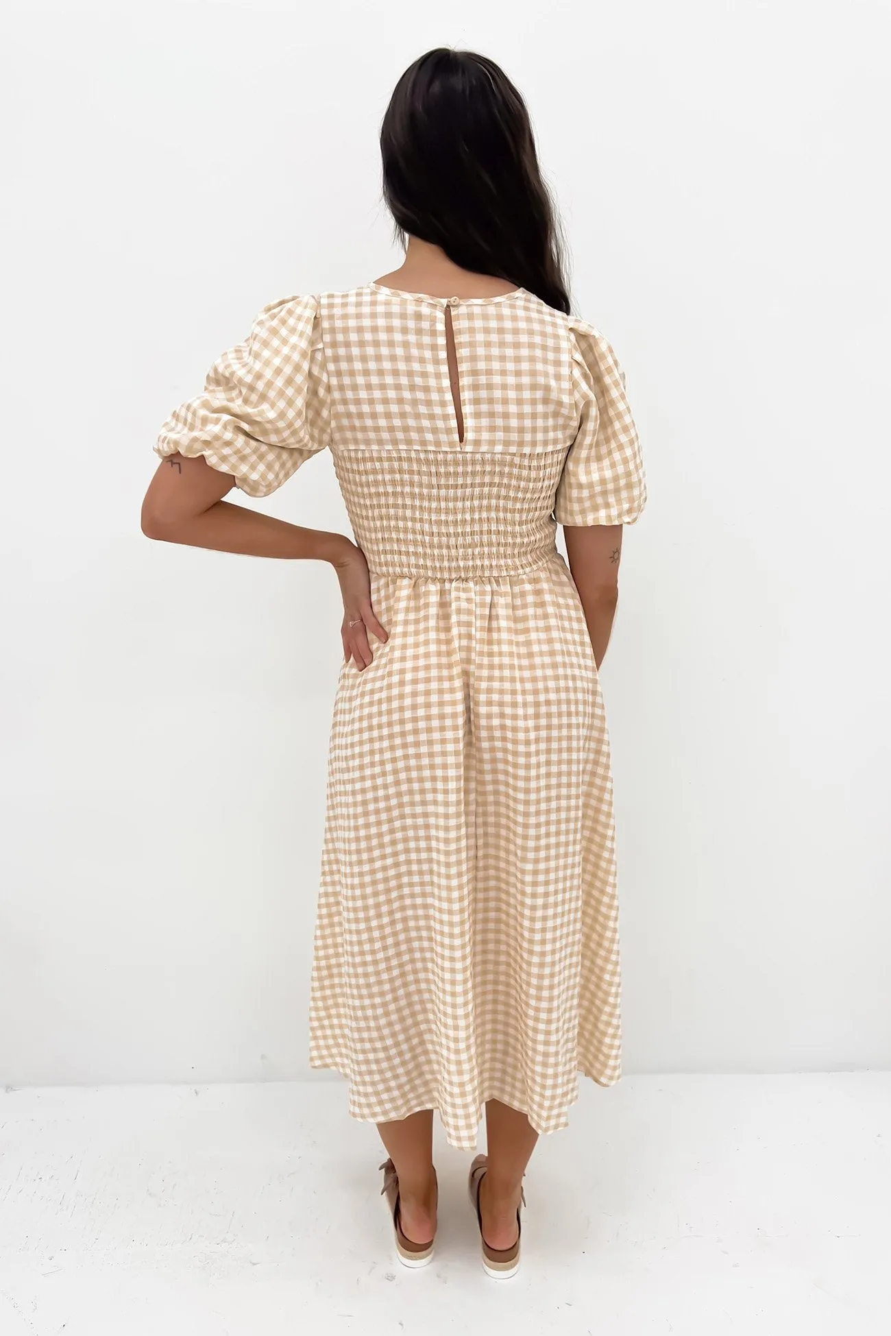 Keisha Midi Dress Beige Gingham