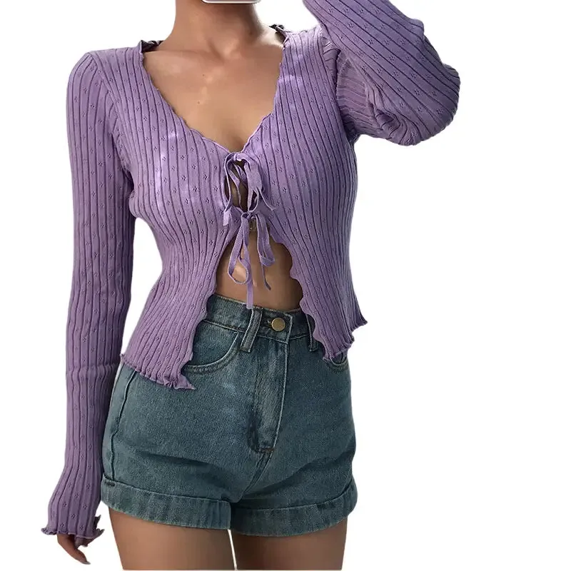 Lace-Up V-Neck Sweater