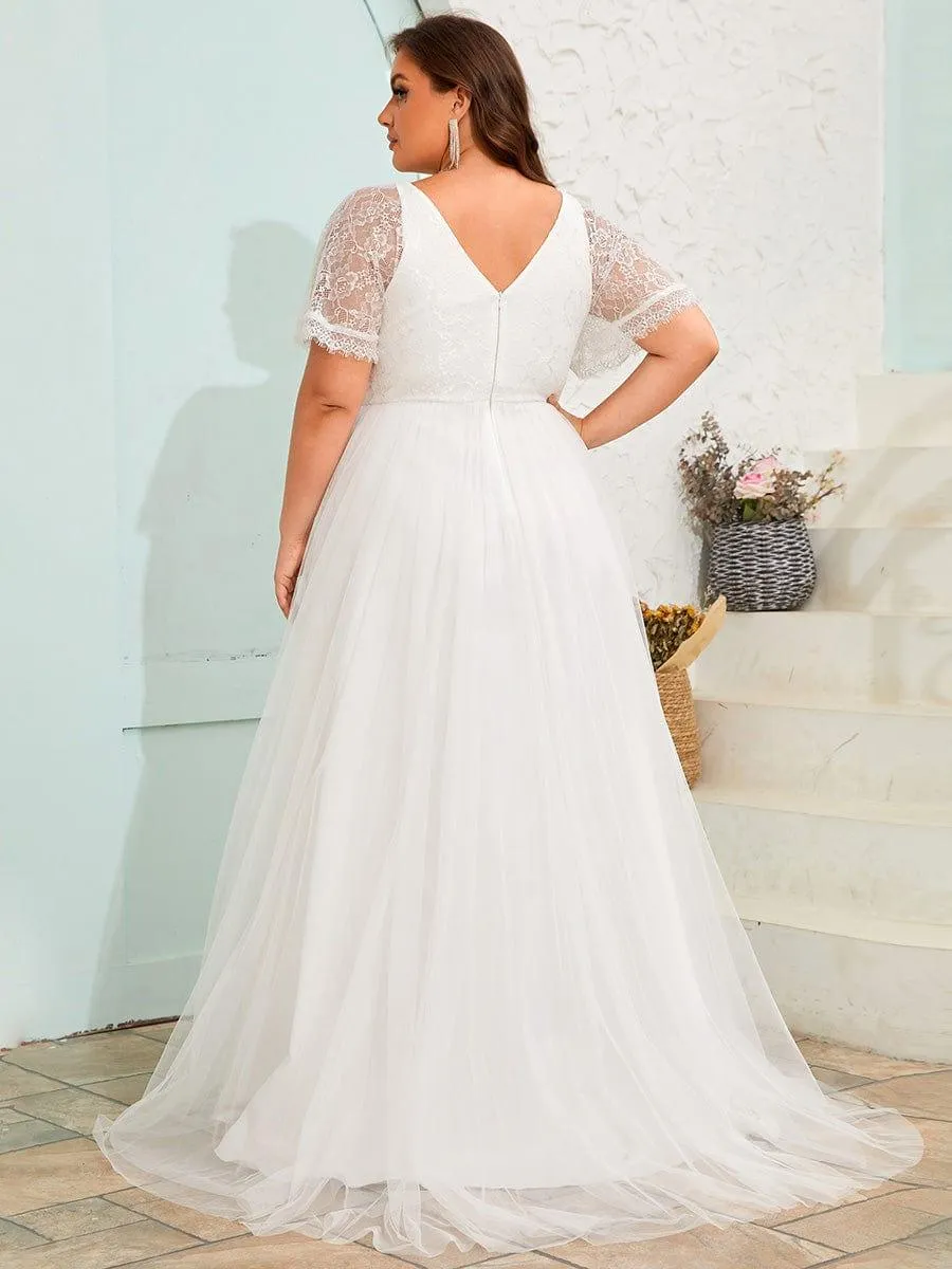 Lacy | Dreamy Plus Size V-Neck Lace Short Sleeves Tulle Wedding Dresses