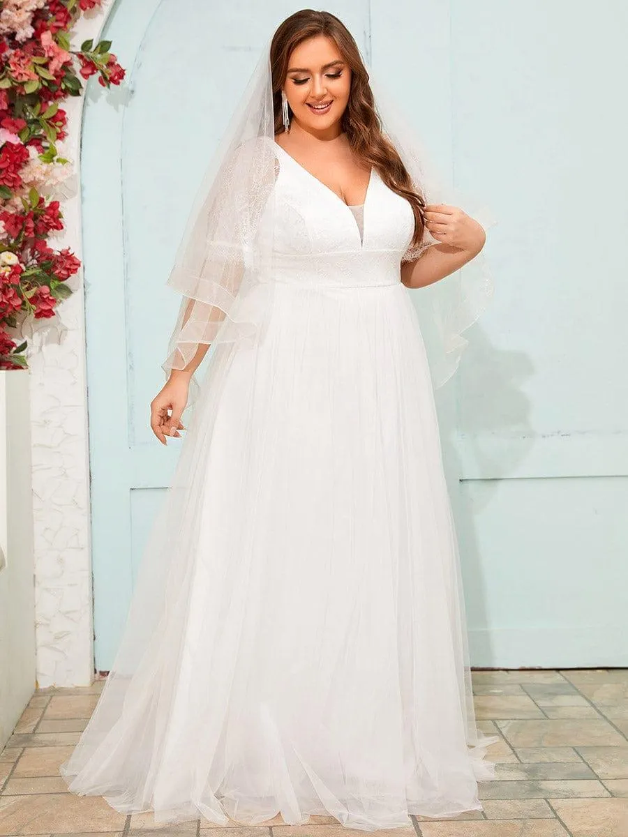 Lacy | Dreamy Plus Size V-Neck Lace Short Sleeves Tulle Wedding Dresses