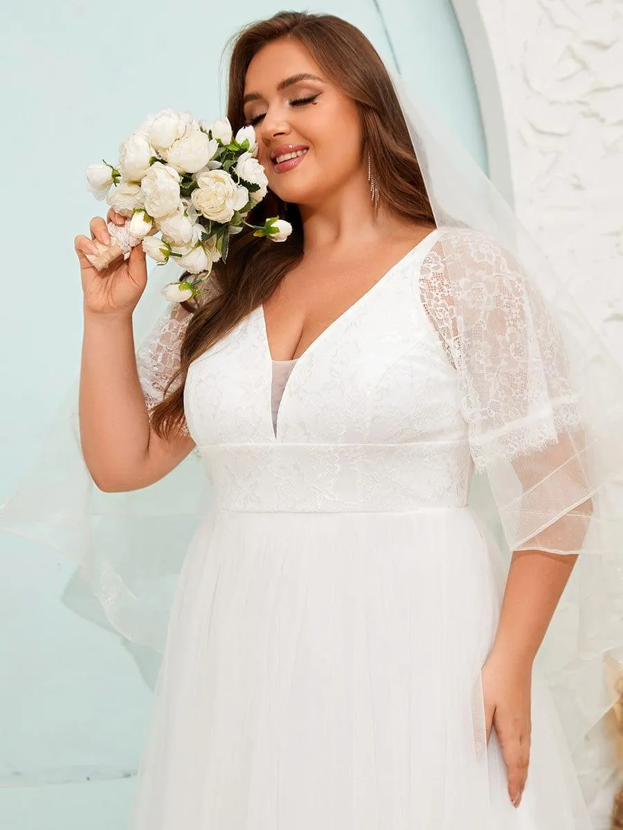 Lacy | Dreamy Plus Size V-Neck Lace Short Sleeves Tulle Wedding Dresses
