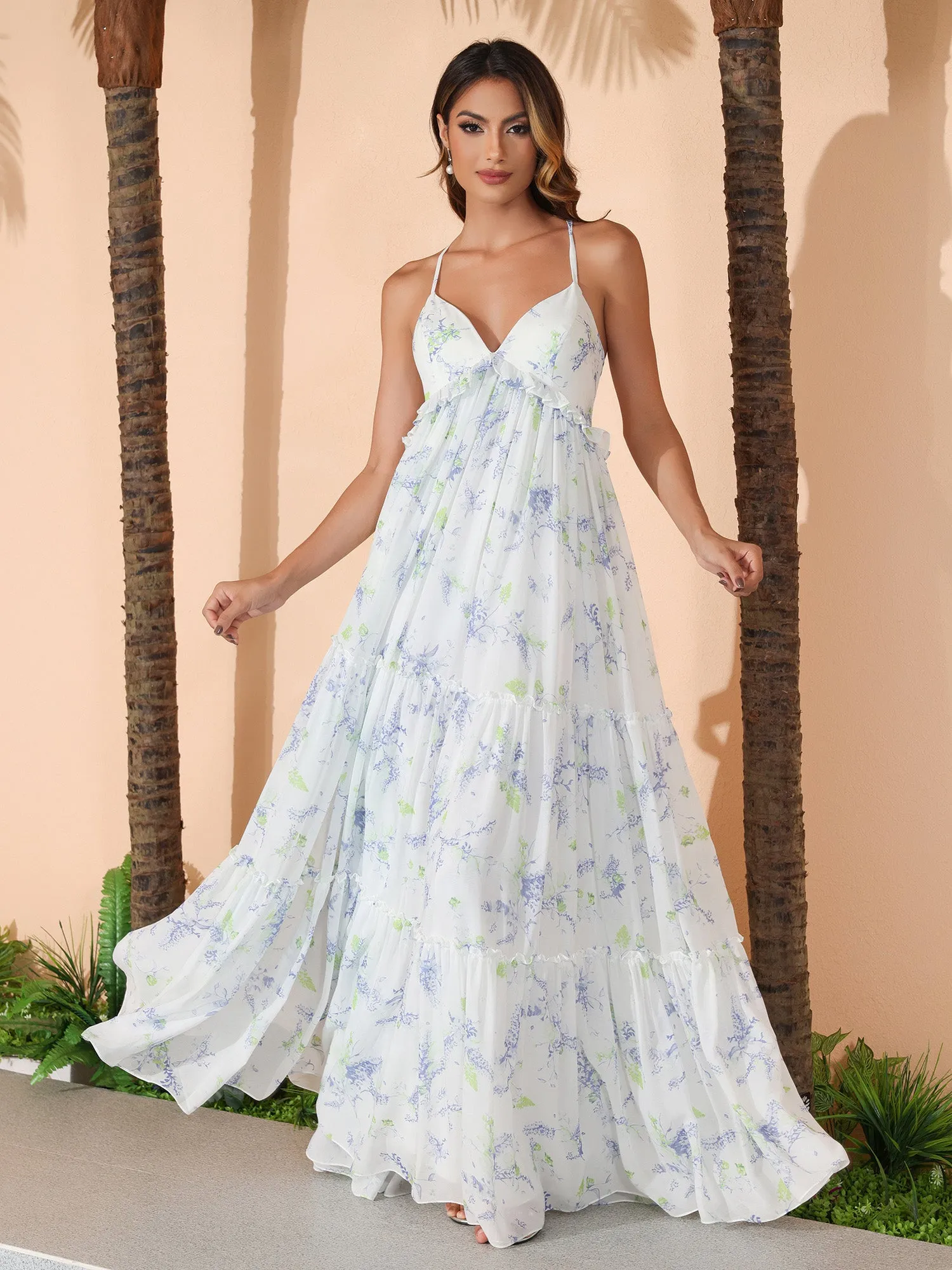 Lavender Floral Empire Chiffon Tiered Skirt Max Bohemian Dresses