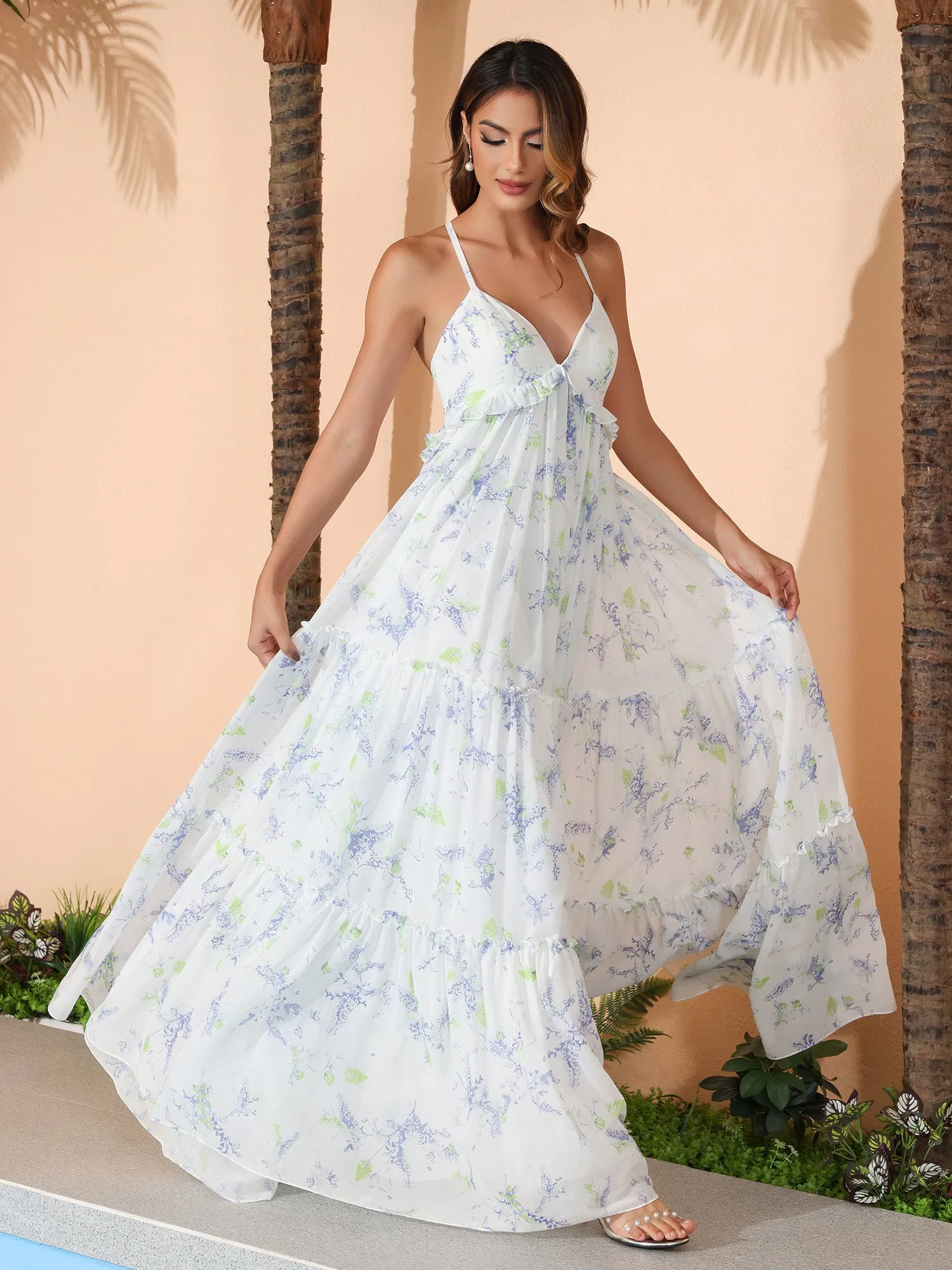 Lavender Floral Empire Chiffon Tiered Skirt Max Bohemian Dresses