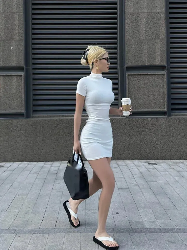 LBD Short Sleeve Half High Neck Solid Mini Dress