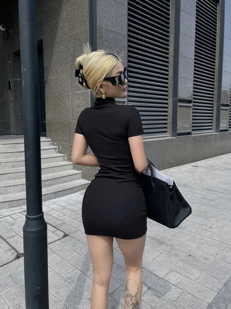 LBD Short Sleeve Half High Neck Solid Mini Dress