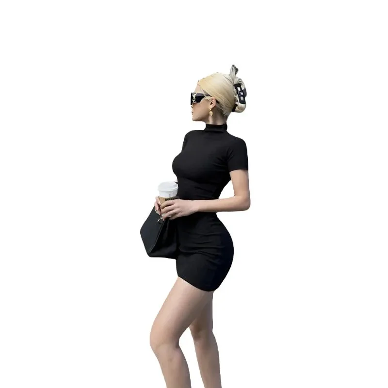 LBD Short Sleeve Half High Neck Solid Mini Dress