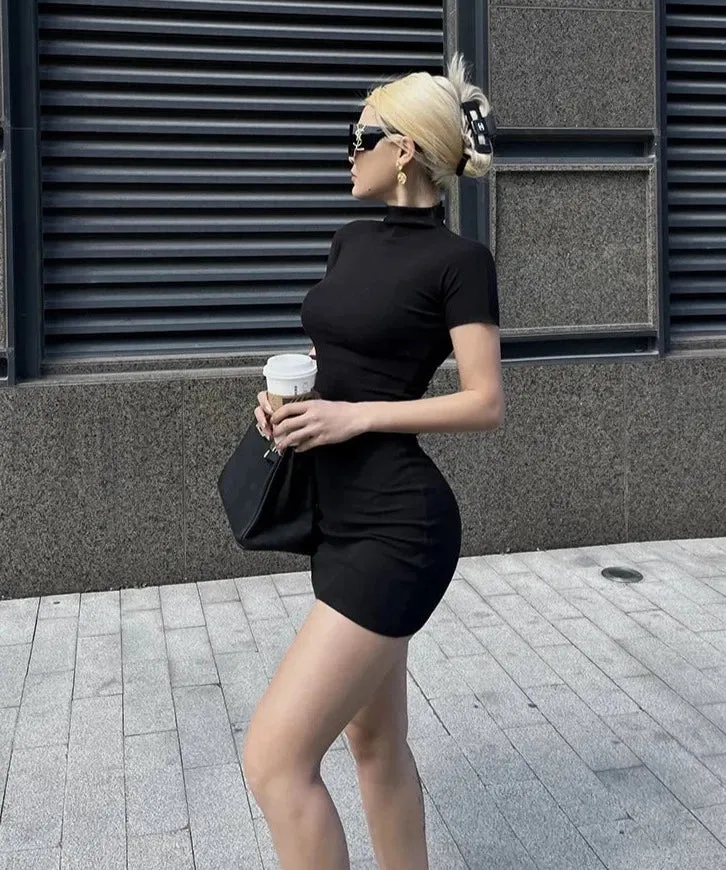 LBD Short Sleeve Half High Neck Solid Mini Dress