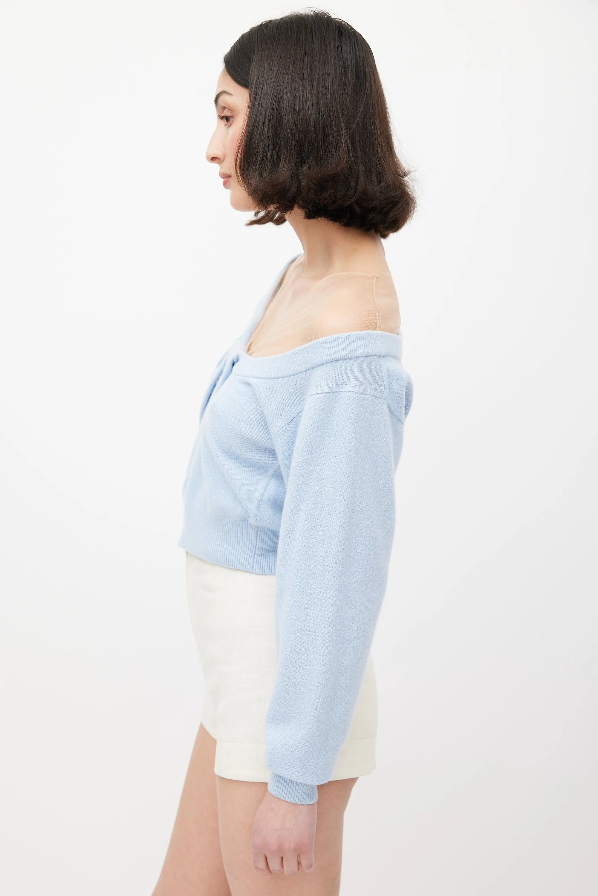 Light Blue Wool Illusion Tulle Yoke Sweater