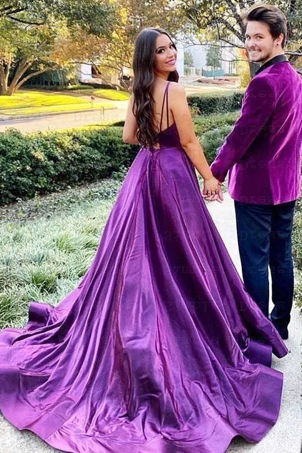 Long A-line V-Neck Spaghetti Straps Satin Prom Dresses with Slit