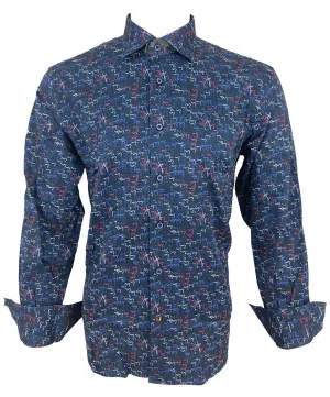 Luchiano Visconti Large Blue Abstract Design Long Sleeve Shirt