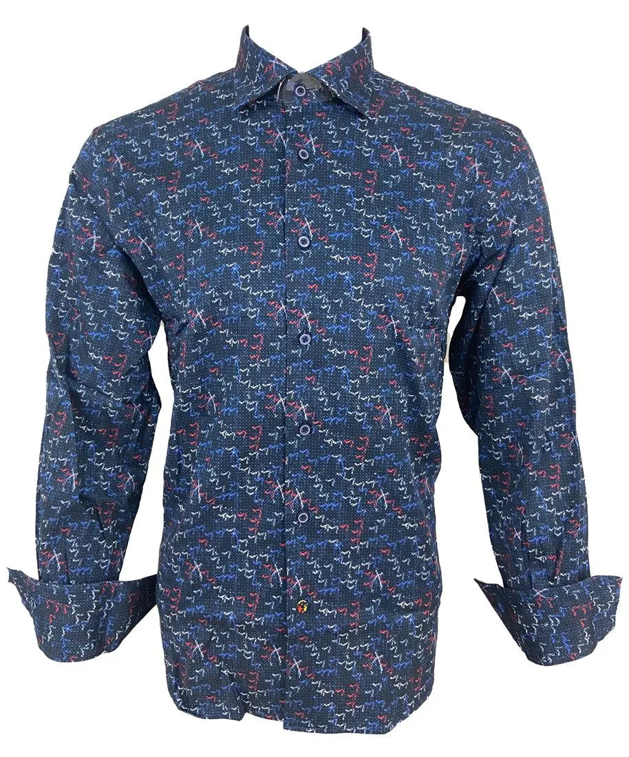 Luchiano Visconti Large Blue Abstract Design Long Sleeve Shirt