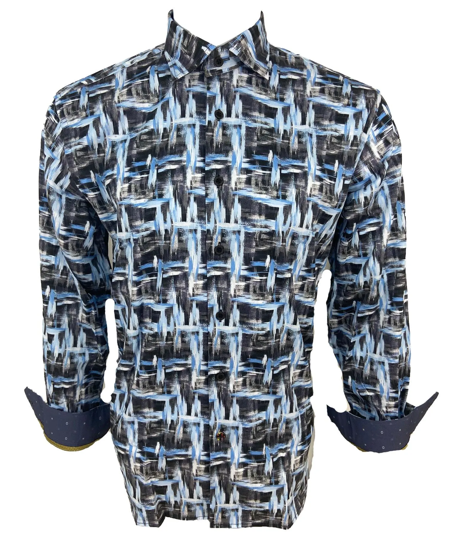 Luchiano Visconti Medium Blue/White/Black Abstract Design Long Sleeve Shirt