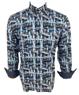 Luchiano Visconti Medium Blue/White/Black Abstract Design Long Sleeve Shirt