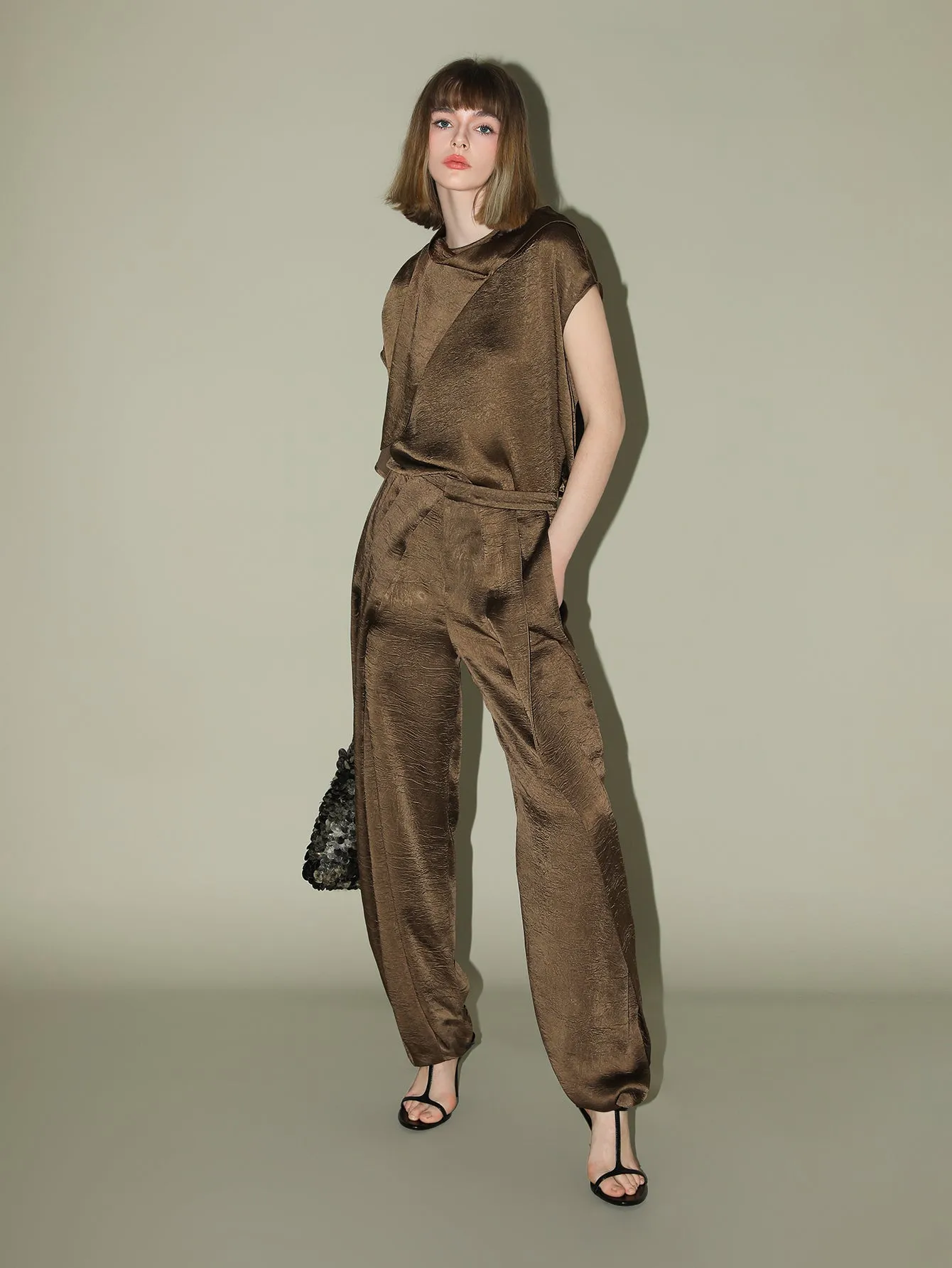 Luxurious Brown Satin High Waist Pleated Pants