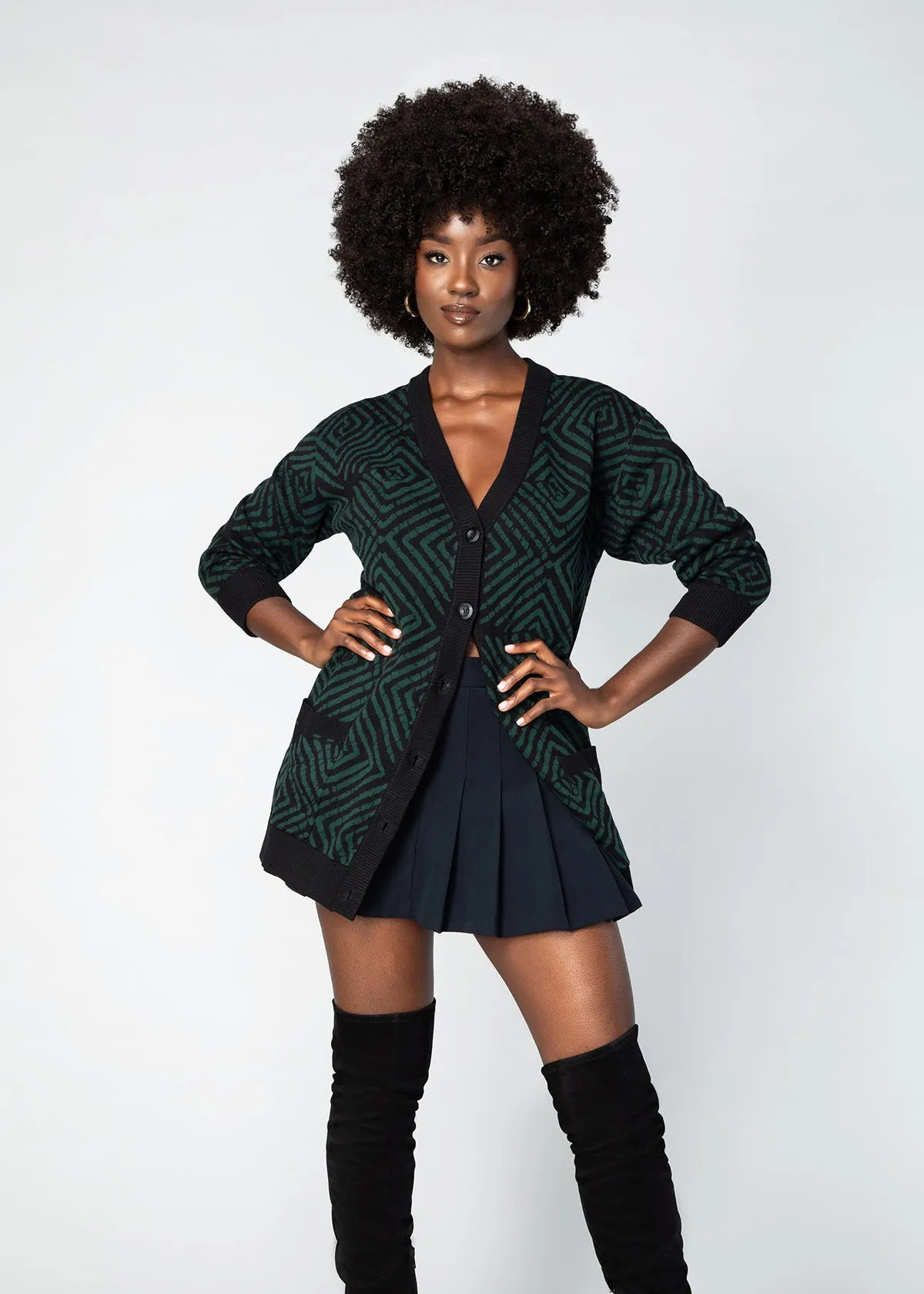 Mansa Women's African Print Oversized Cardigan (Malachite Diamond Adire)