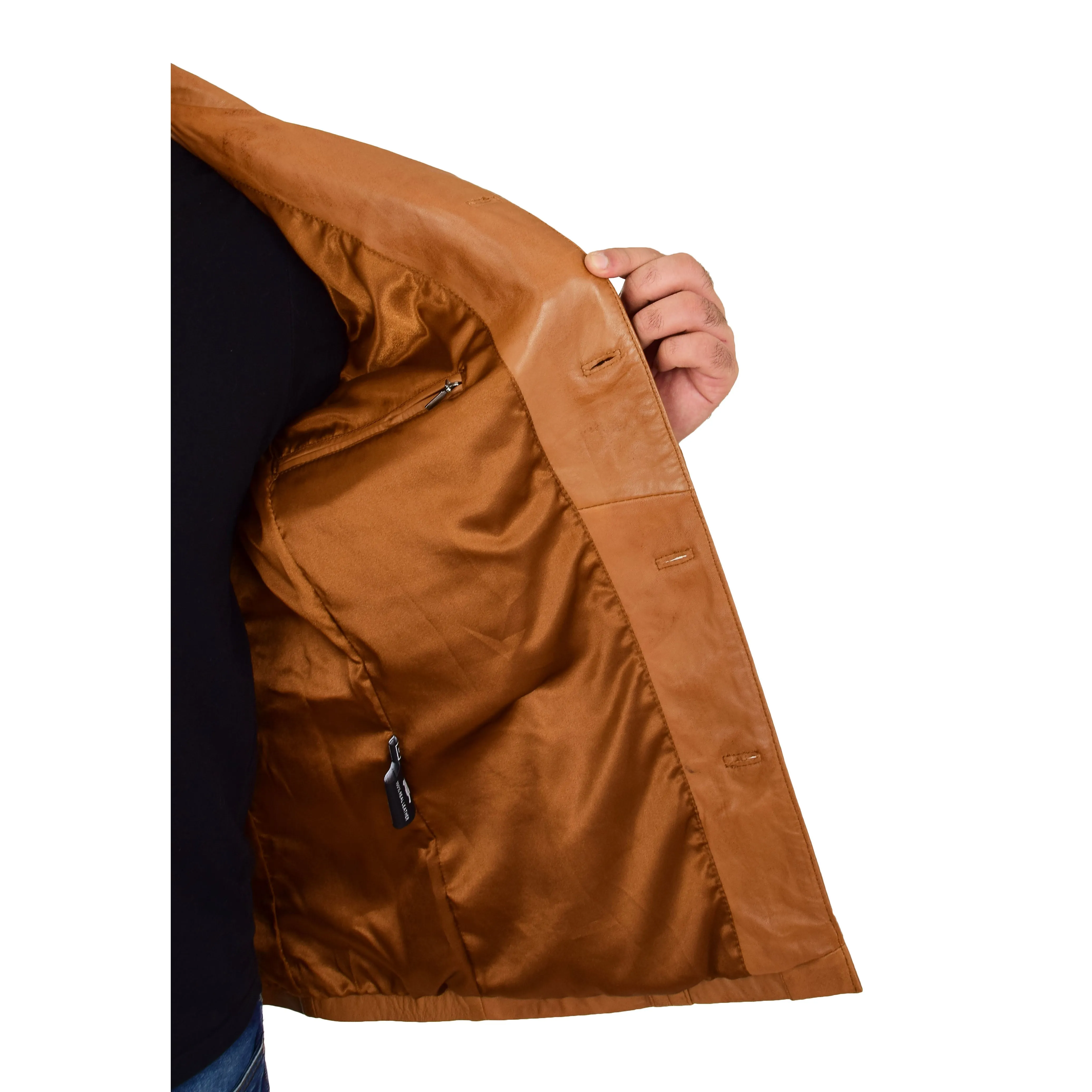 Mens Soft Cognac Leather Reefer Blazer Jacket Parker