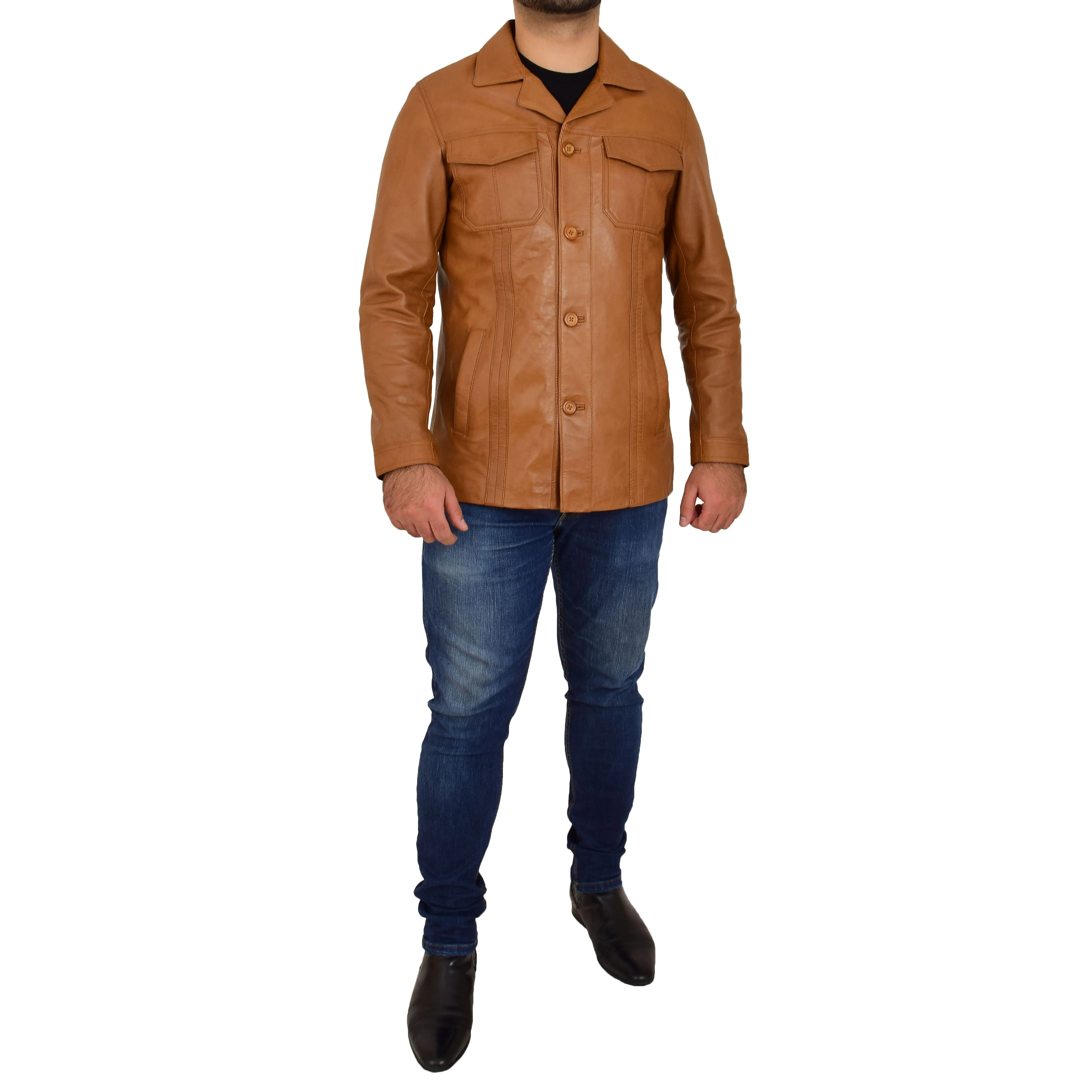 Mens Soft Cognac Leather Reefer Blazer Jacket Parker