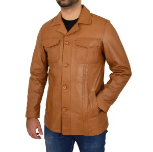 Mens Soft Cognac Leather Reefer Blazer Jacket Parker