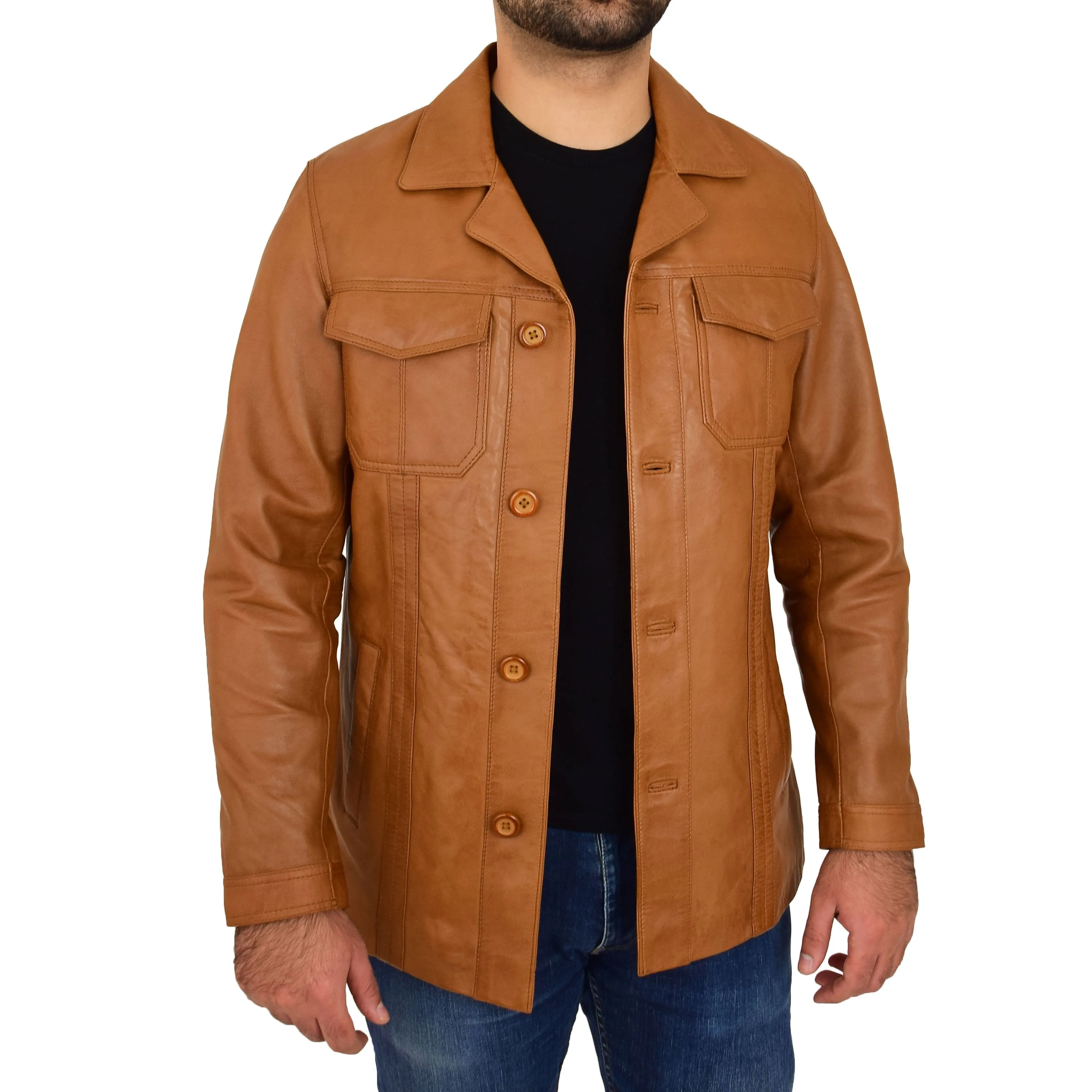 Mens Soft Cognac Leather Reefer Blazer Jacket Parker