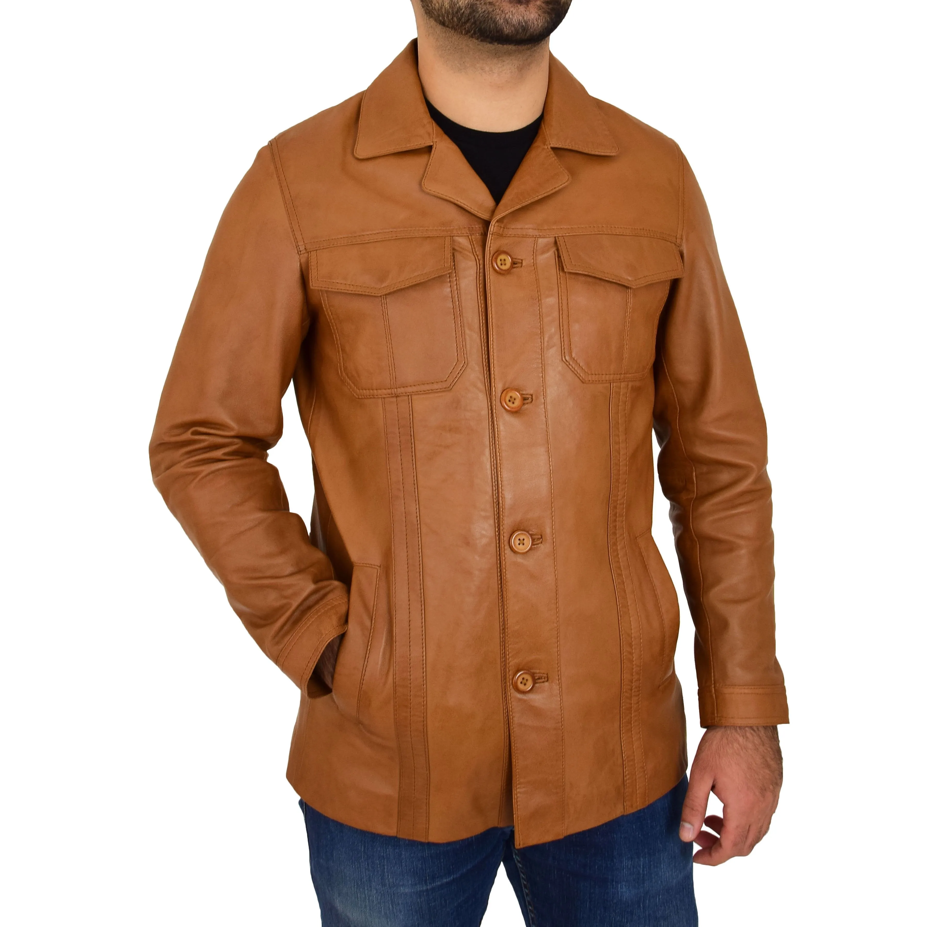 Mens Soft Cognac Leather Reefer Blazer Jacket Parker