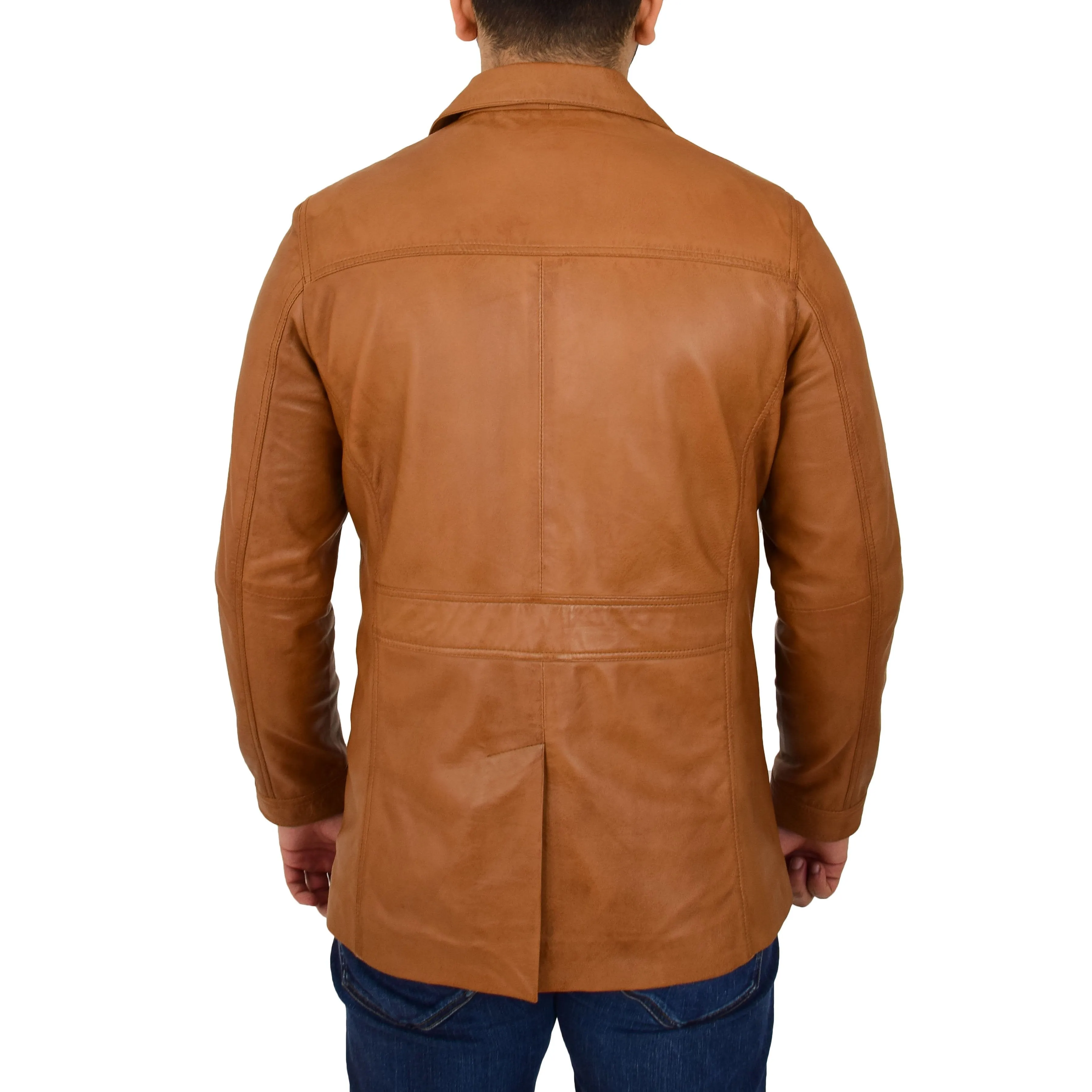 Mens Soft Cognac Leather Reefer Blazer Jacket Parker