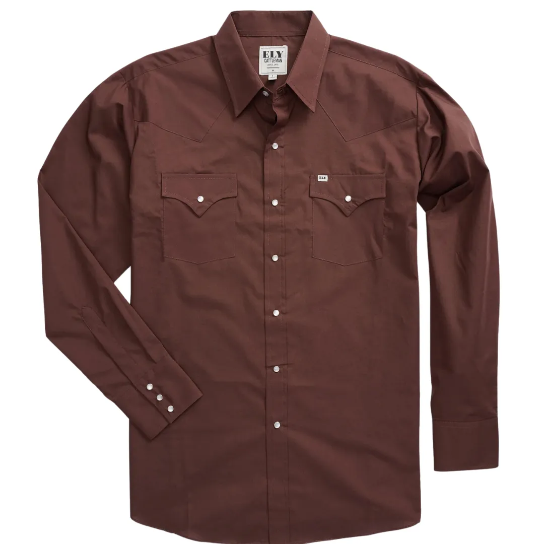 Men's Solid Chocolate Brown Long Sleeve Pearl Snap Shirt