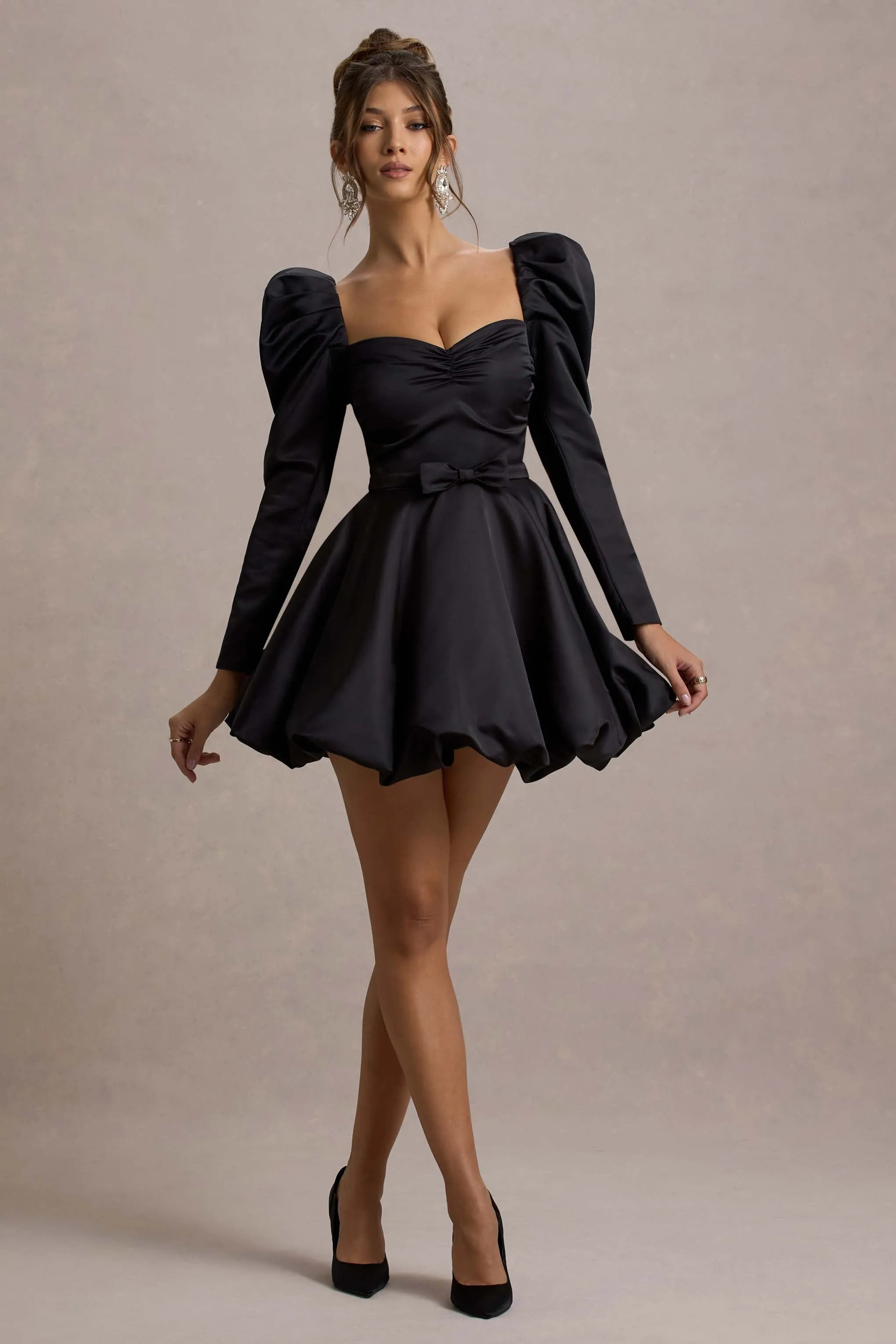 Murphy | Black Satin Belted Mini Dress With Puff Sleeves