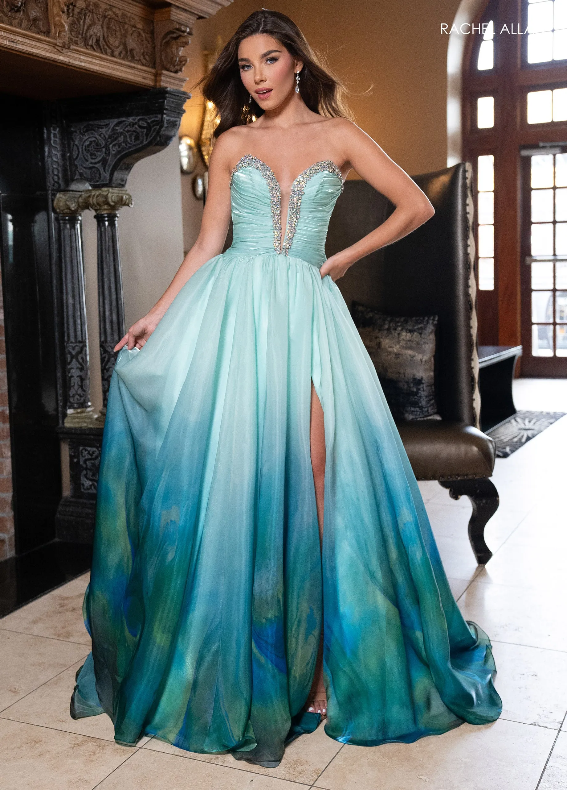 Ombre Strapless A-line Slit Gown by Rachel Allan 70727
