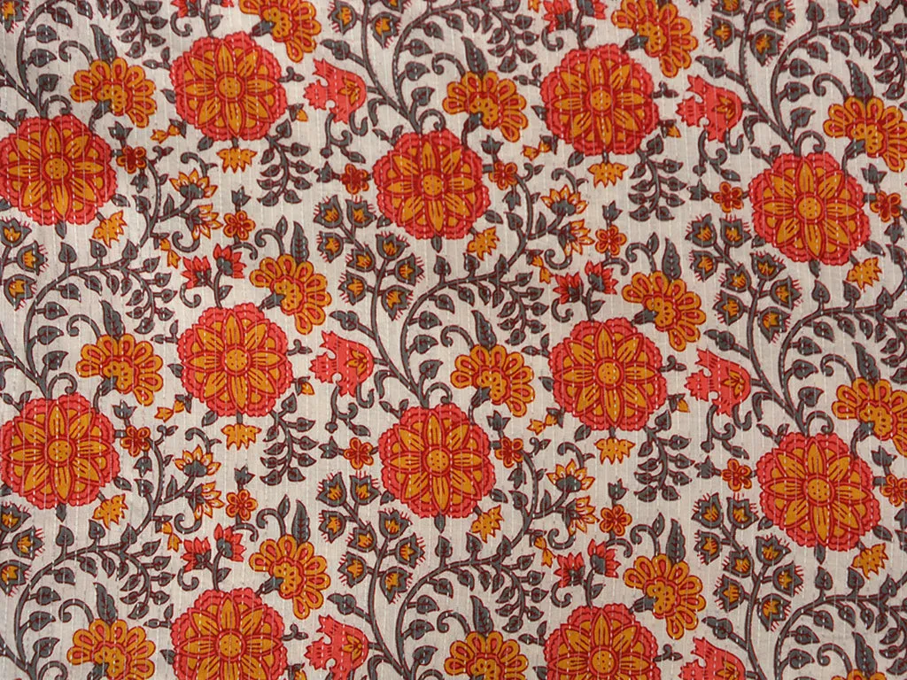 Orange Multicolor Floral Pure Cotton Kantha Fabric