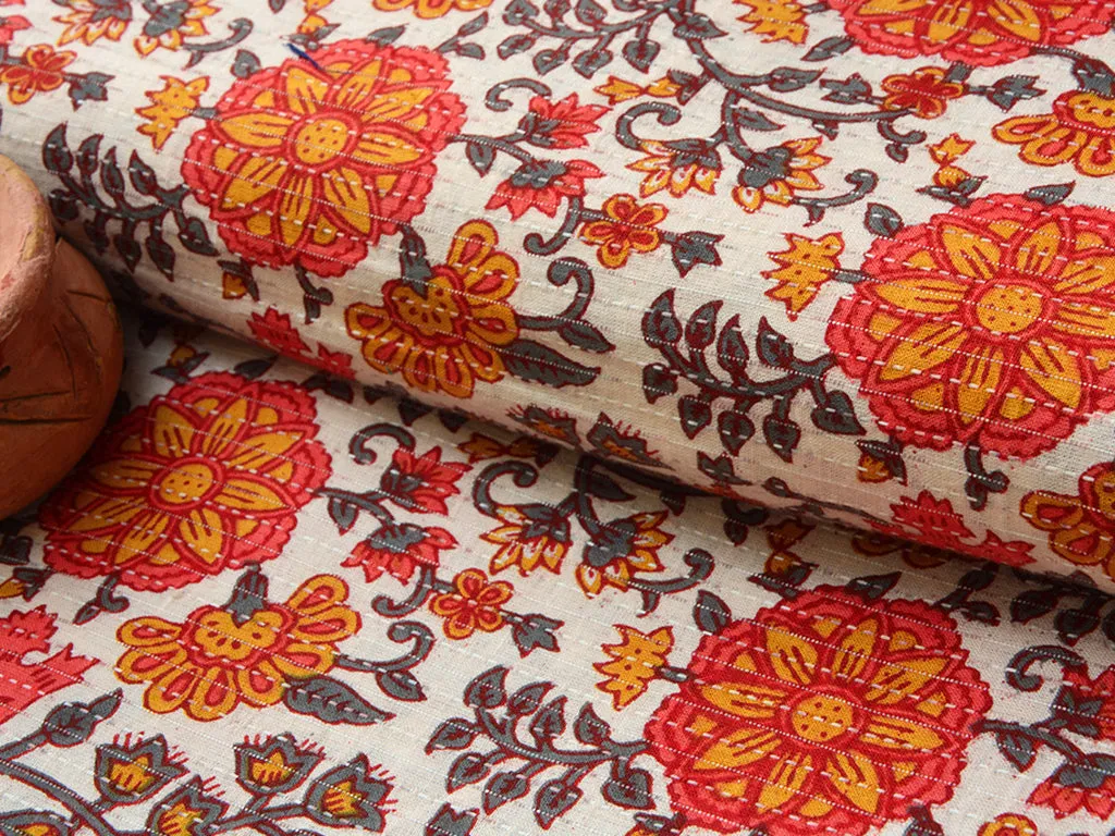 Orange Multicolor Floral Pure Cotton Kantha Fabric