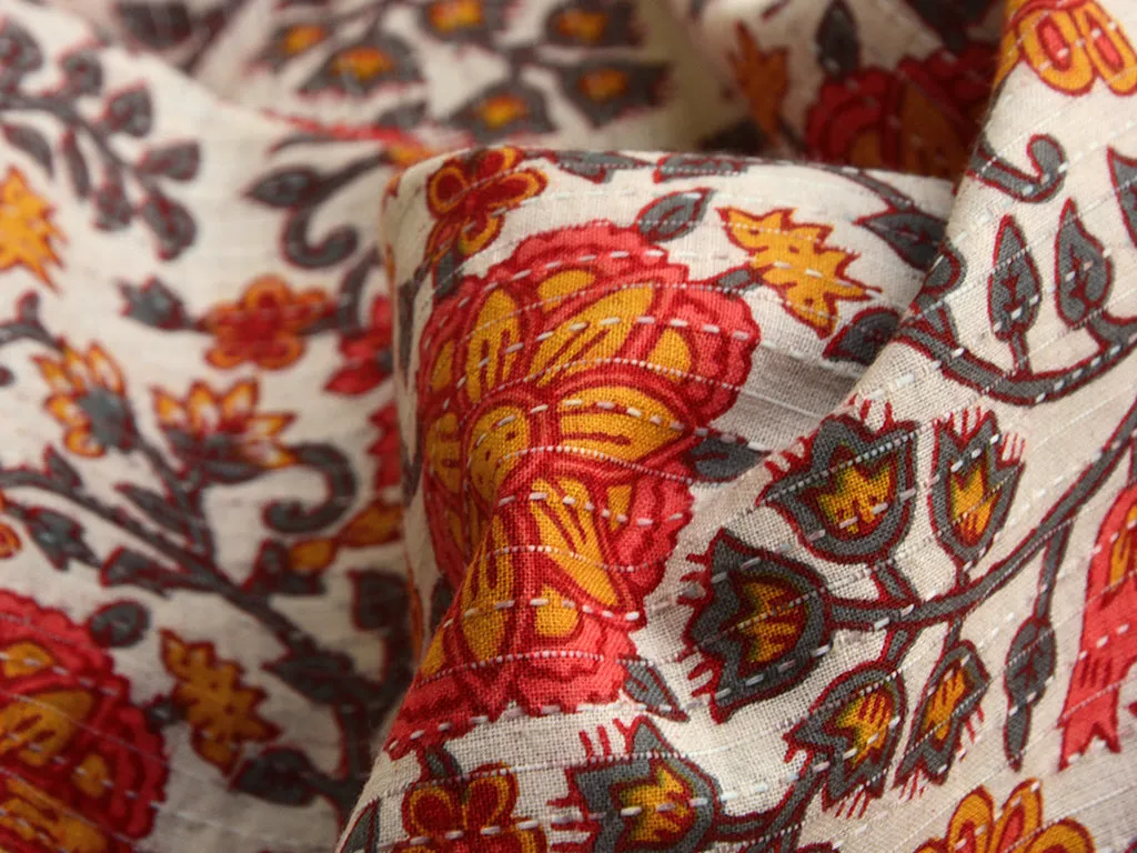 Orange Multicolor Floral Pure Cotton Kantha Fabric