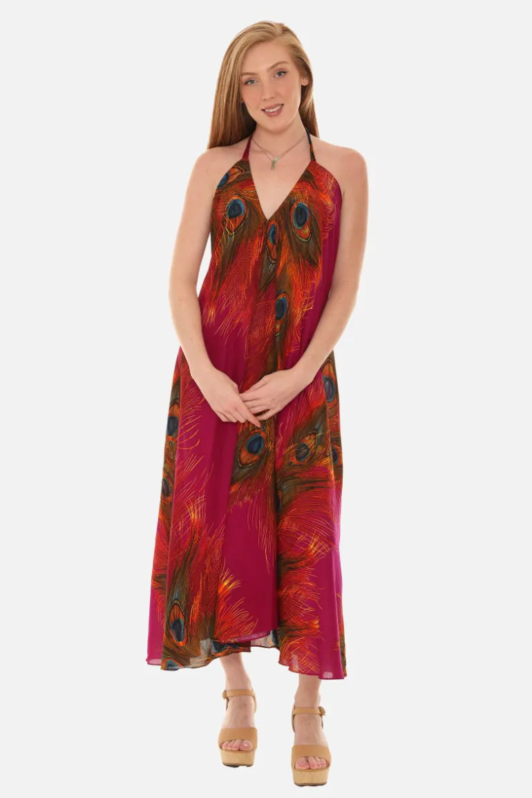 Peacock Feather Print Halter Midi Dress in Breathable Cotton