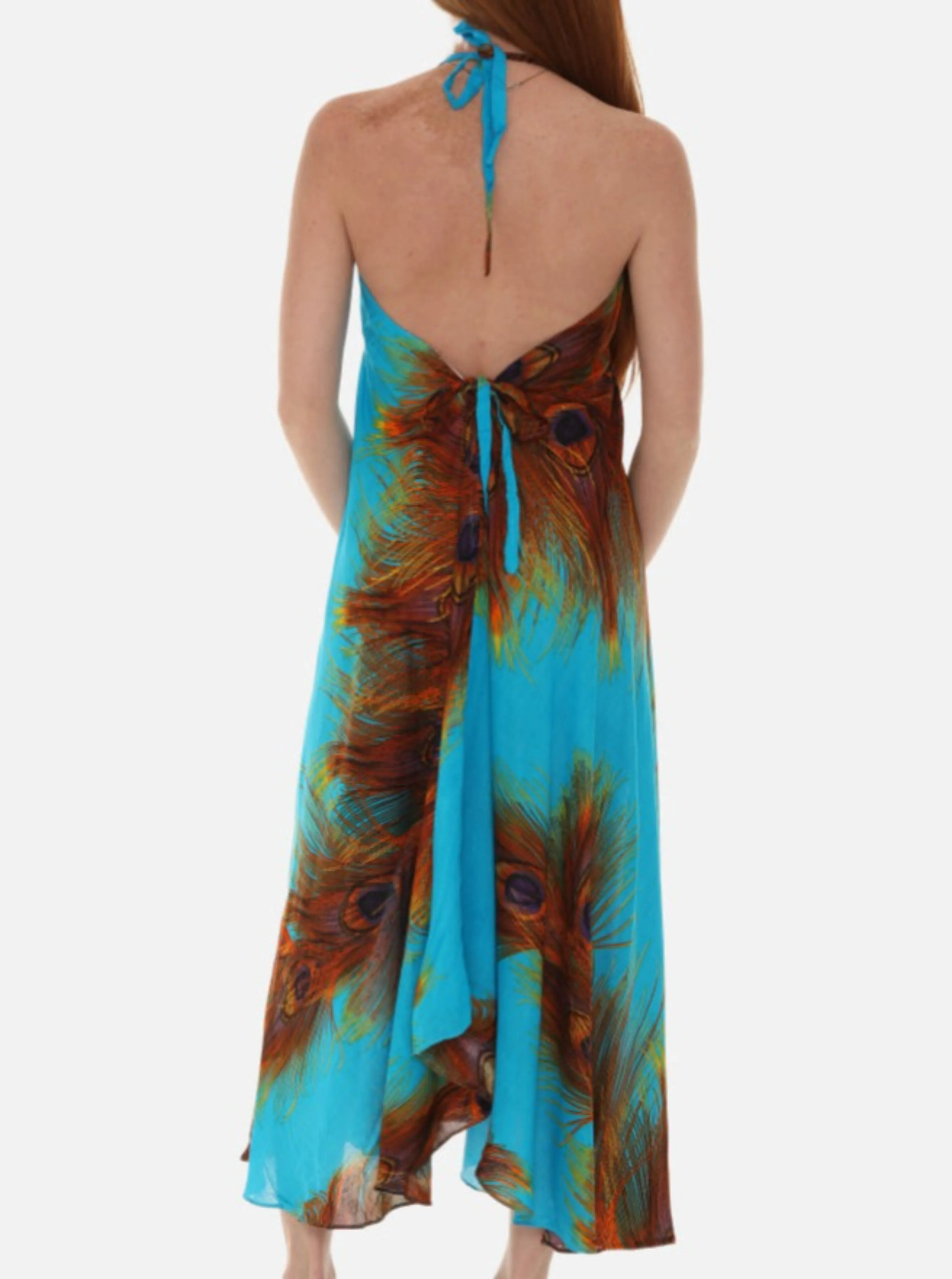 Peacock Feather Print Halter Midi Dress in Breathable Cotton