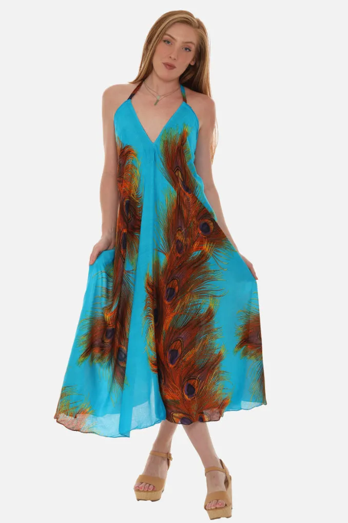 Peacock Feather Print Halter Midi Dress in Breathable Cotton