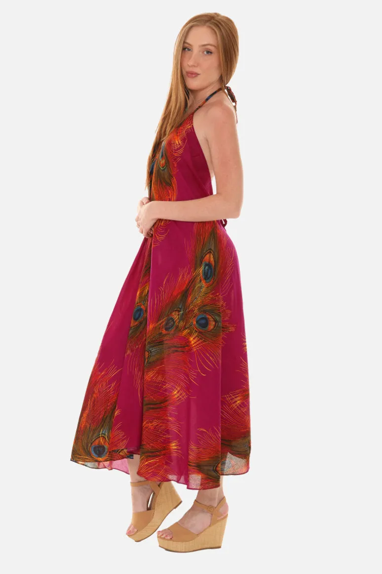 Peacock Feather Print Halter Midi Dress in Breathable Cotton
