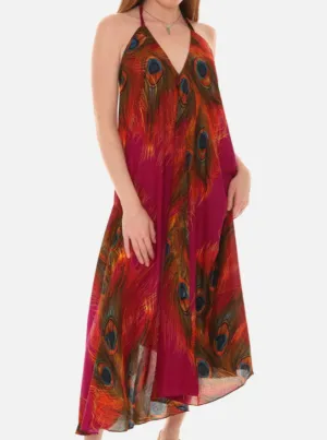 Peacock Feather Print Halter Midi Dress in Breathable Cotton