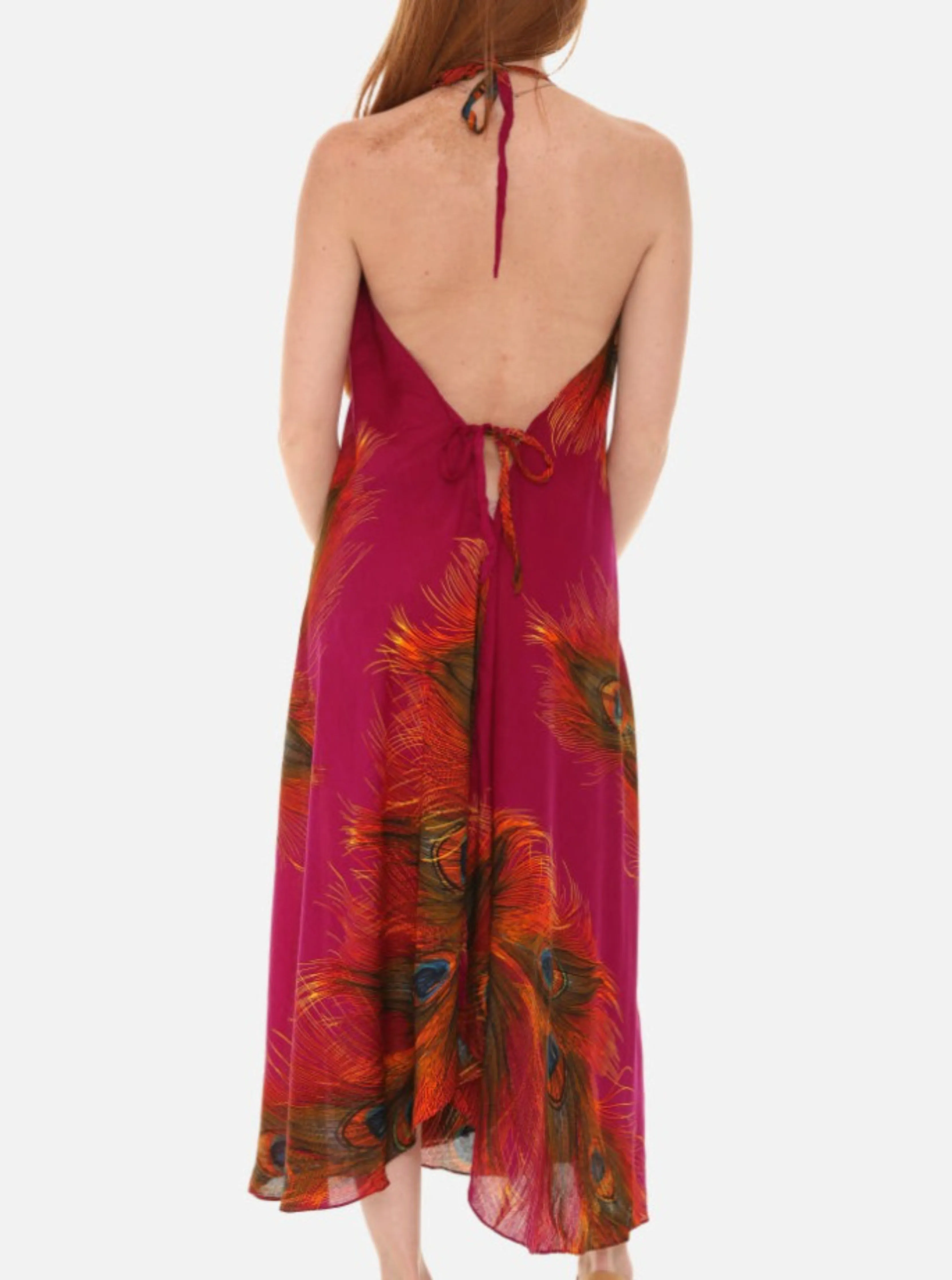 Peacock Feather Print Halter Midi Dress in Breathable Cotton